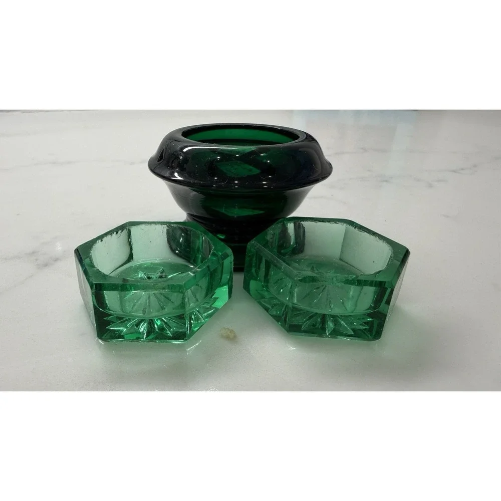 Vintage Green Glass Salt Cellar Dip Set 3